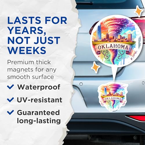(2 Pack) Oklahoma City Vortex Magnets - Colorful Tornado Art - Unique OKC Fridge Magnets - 5" On Longest Side - for Cars, Fridges, Toolboxes - Made in USA - MAG6600