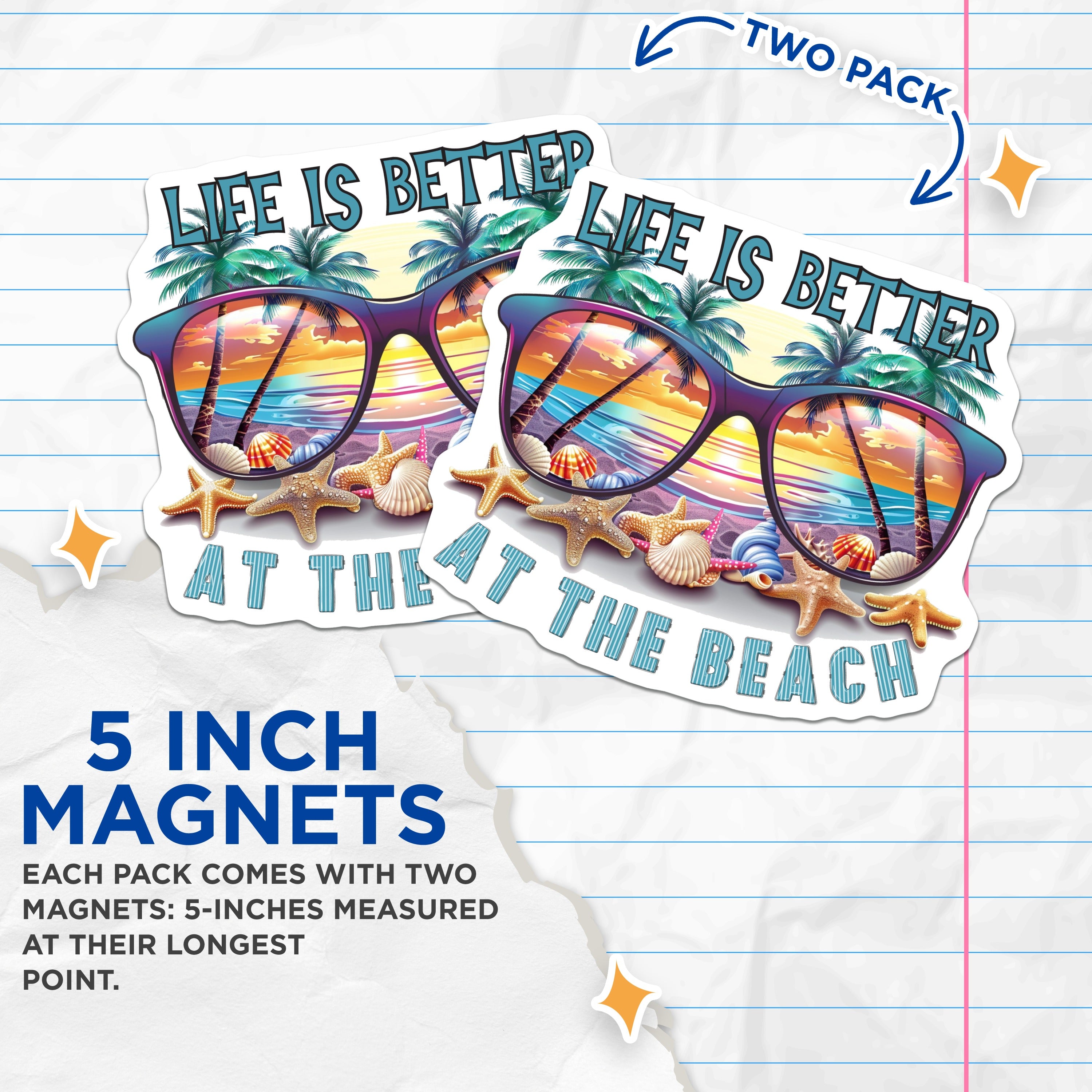 (2 Pack) Beach Magnets - Life is Better At The Beach - Tropical Sunset Decor - Vacation Vibes - 5 Inches On Longest Side - Thick Durable Magnet - Made in USA - MAG36917