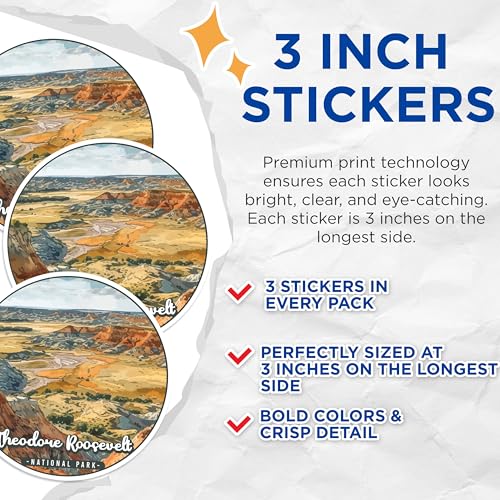 (3 Pack) Theodore Roosevelt Decals - National Park Sticker - Laptop Decal - 3 Inches On Longest Side - Easy Peel & Apply - Made in USA - 3MCS0500
