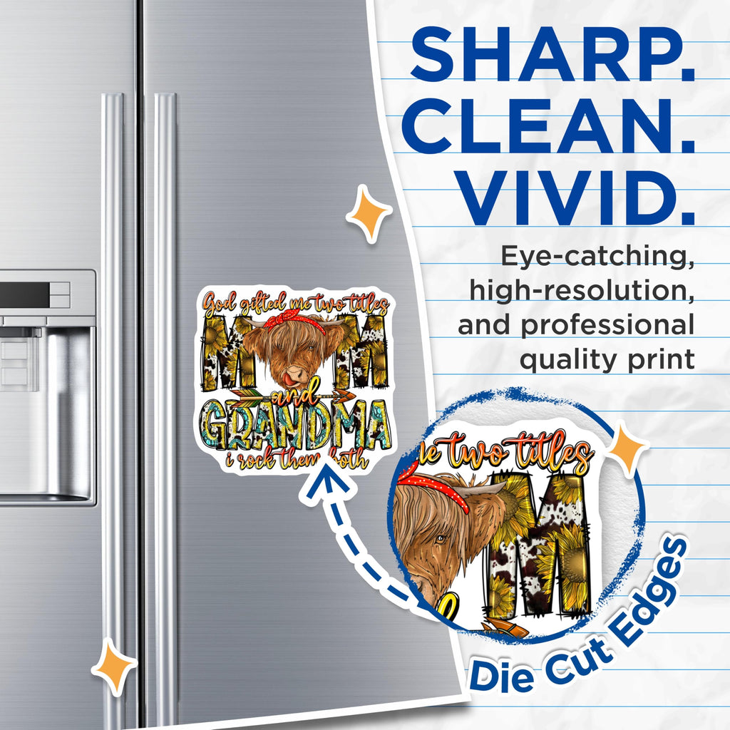 (2 Pack) Highland Cow Mom Grandma Magnets - Western Sunflower Mama Decor - Country Farmhouse Refrigerator - 5 Inches On Longest Side - Thick Durable Magnet - Made in USA - MAG30176