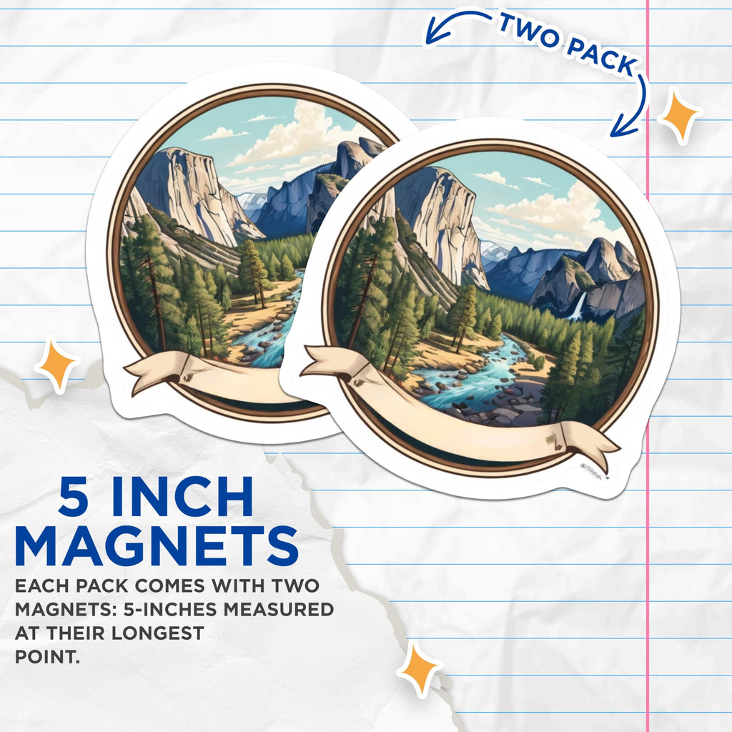 (2 Pack) Yosemite National Park Magnets - El Capitan Half Dome Valley Art - Scenic Mountain River Landscape Decor - 5 Inches On Longest Side - Thick Durable Magnet - Made in USA - MAG21016