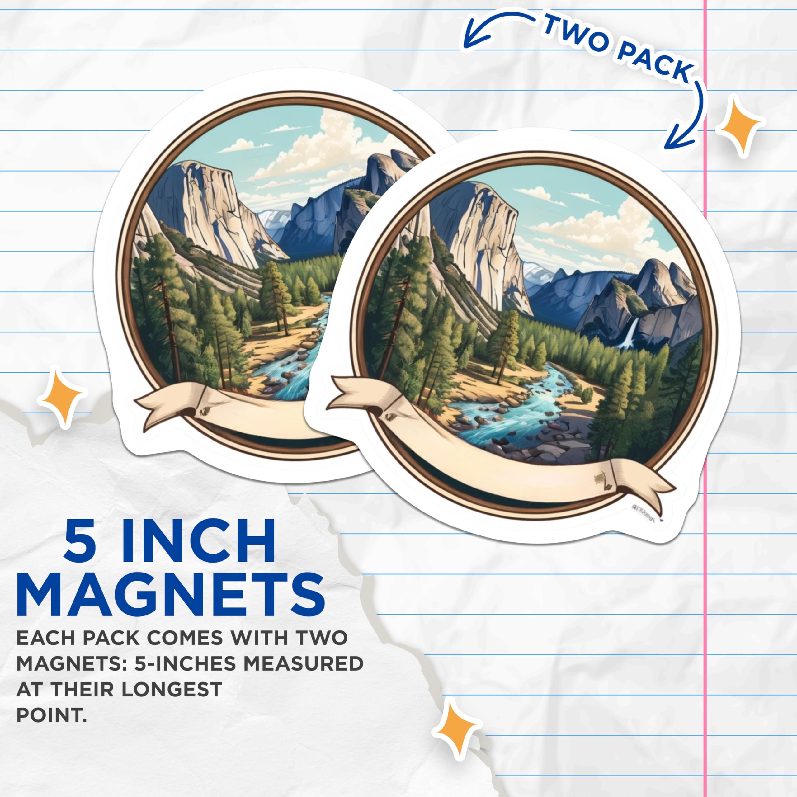 (2 Pack) Yosemite National Park Magnets - El Capitan Half Dome Valley Art - Scenic Mountain River Landscape Decor - 5 Inches On Longest Side - Thick Durable Magnet - Made in USA - MAG21016