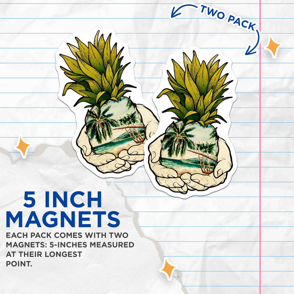 (2 Pack) Pineapple Beach Magnets - Tropical Fruit - Hand Design - 5" On Longest Side - Premium Magnet - for Cars, Refrigerators, Toolboxes, Lockers - Made in USA - MAG16505