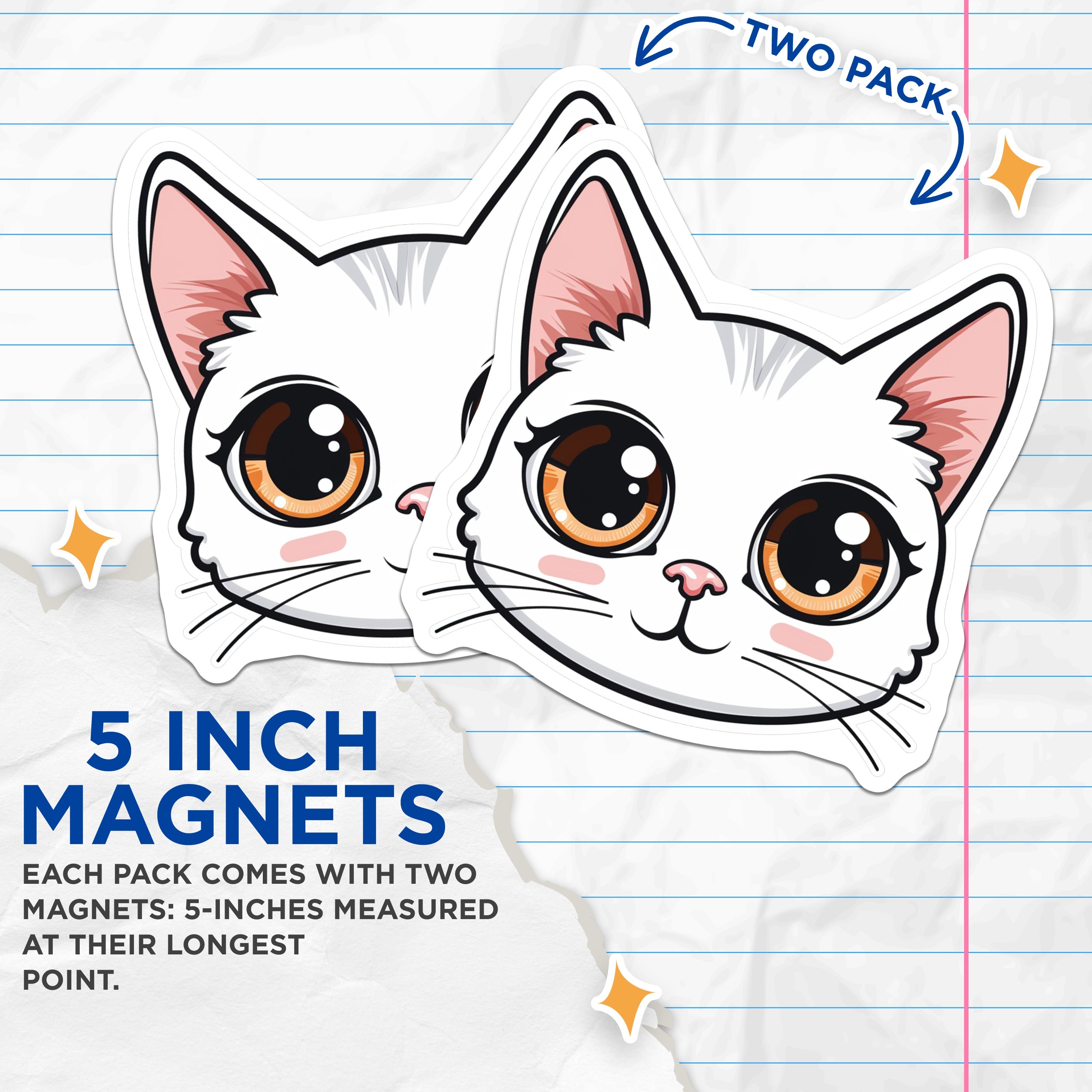 (2 Pack) Cute White Cat Magnets - Kawaii Anime Face - Pet Lover Fridge Decor Locker Accessory - 5 Inches On Longest Side - Thick Durable Magnet - Made in USA - MAG38096