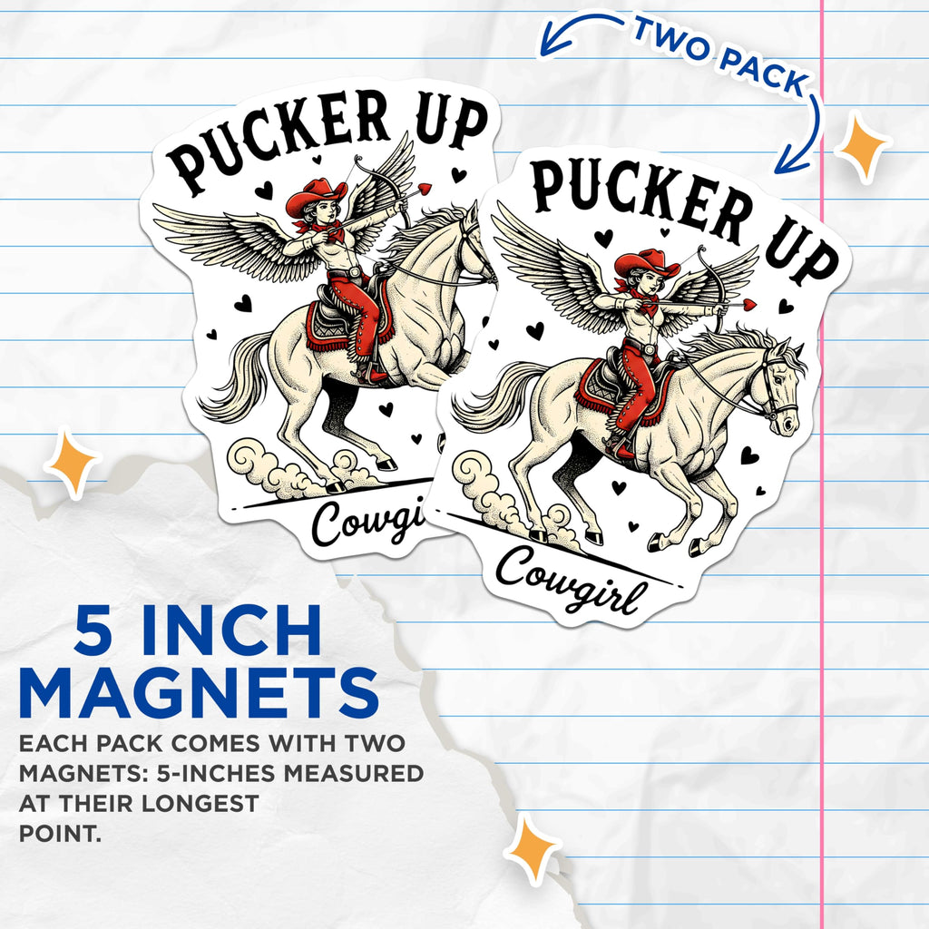(2 Pack) Cowgirl Cupid Magnets - Western Horse Love - Pucker Up Valentine - 5" On Longest Side - Premium Magnet - for Cars, Refrigerators, Toolboxes, Lockers - Made in USA - MAG14694
