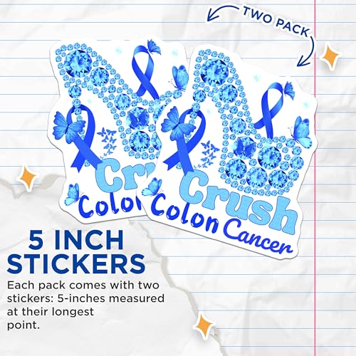 (2 Pack) Crush Colon Cancer Stickers - Cancer Awareness Stickers - Blue Butterfly High Heel Stickers - 5" On Longest Side - Sticks to Any Smooth Flat Surface - Made in USA - BMCS3396
