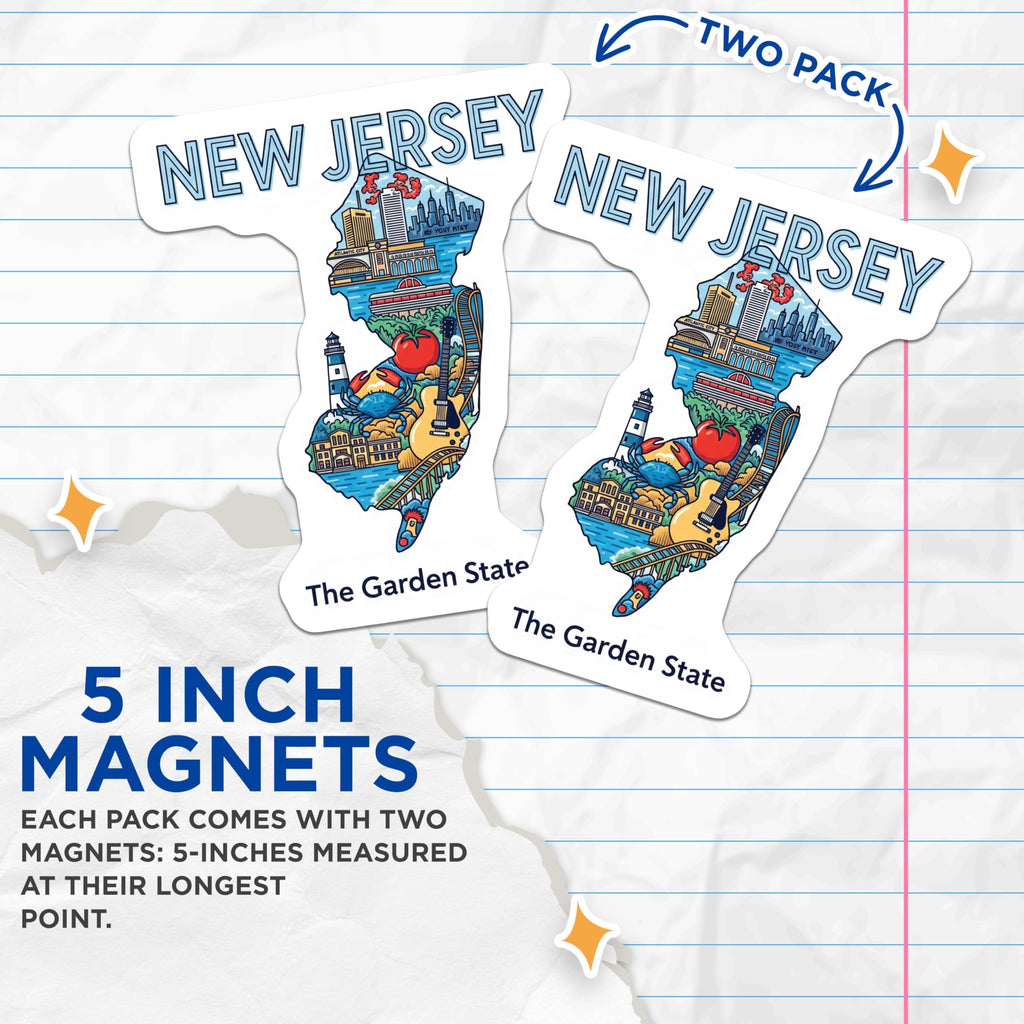 (2 Pack) New Jersey Magnets - Garden State Travel Souvenir - State Pride Decoration - 5" On Longest Side - Premium Magnet - for Cars, Refrigerators, Toolboxes, Lockers - Made in USA - MAG17923