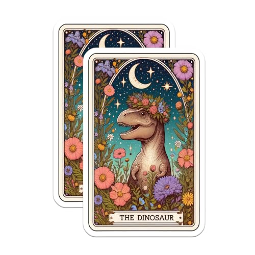 (2 Pack) The Dinosaur Stickers - Cute Dinosaur Moon and Flowers Design - Whimsical Dinosaur Art Stickers - 5" On Longest Side - Sticks to Smooth Flat Surfaces - Made in USA - BMCS4831