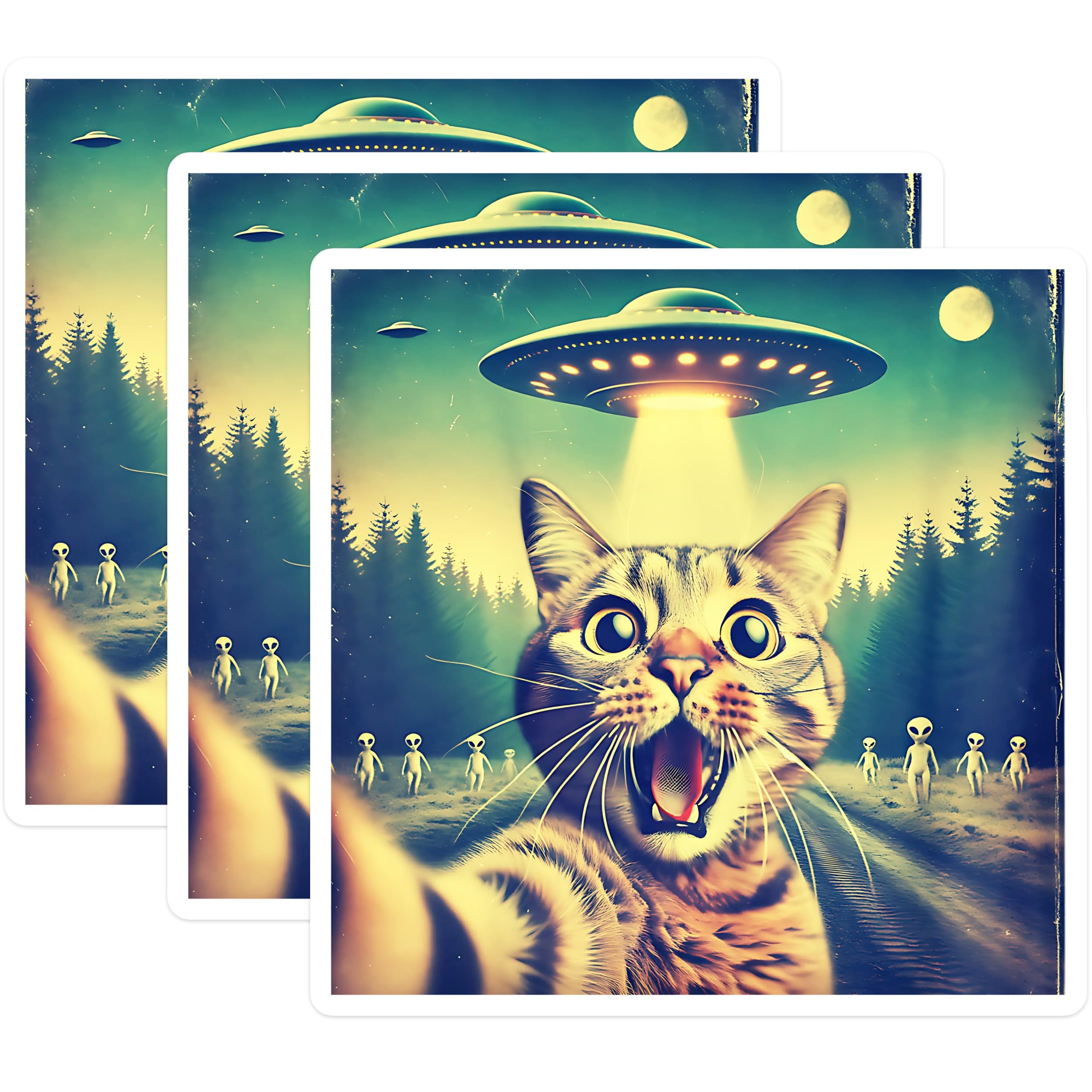 (3 Pack) Alien Abduction Cat Decals - Funny Kitty - UFO Believer - 3 Inches On Longest Side - Easy Peel & Apply - Made in USA - 3MCS2161