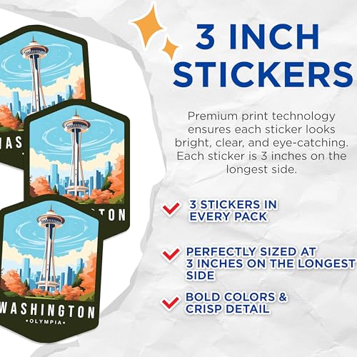 (3 Pack) Space Needle Decals - Seattle Skyline - Washington State Decal - 3 Inches On Longest Side - Easy Peel & Apply - Made in USA - 3MCS0388
