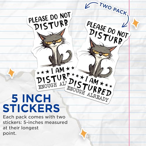 (2 Pack) Please Do Not Disturb Stickers - Funny Cat - Disturbed Enough Already - 5" On Longest Side - Sticks to Smooth Flat Surfaces - Made in USA - BMCS7730