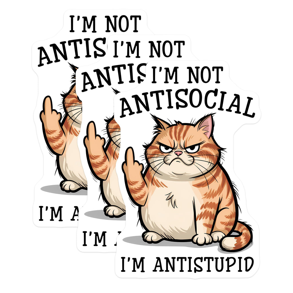 (3 Pack) Antisocial Cat Decals - Funny Cat Meme - Antistupid Laptop Decal - 3 Inches On Longest Side - Easy Peel & Apply - Made in USA - 3MCS2102