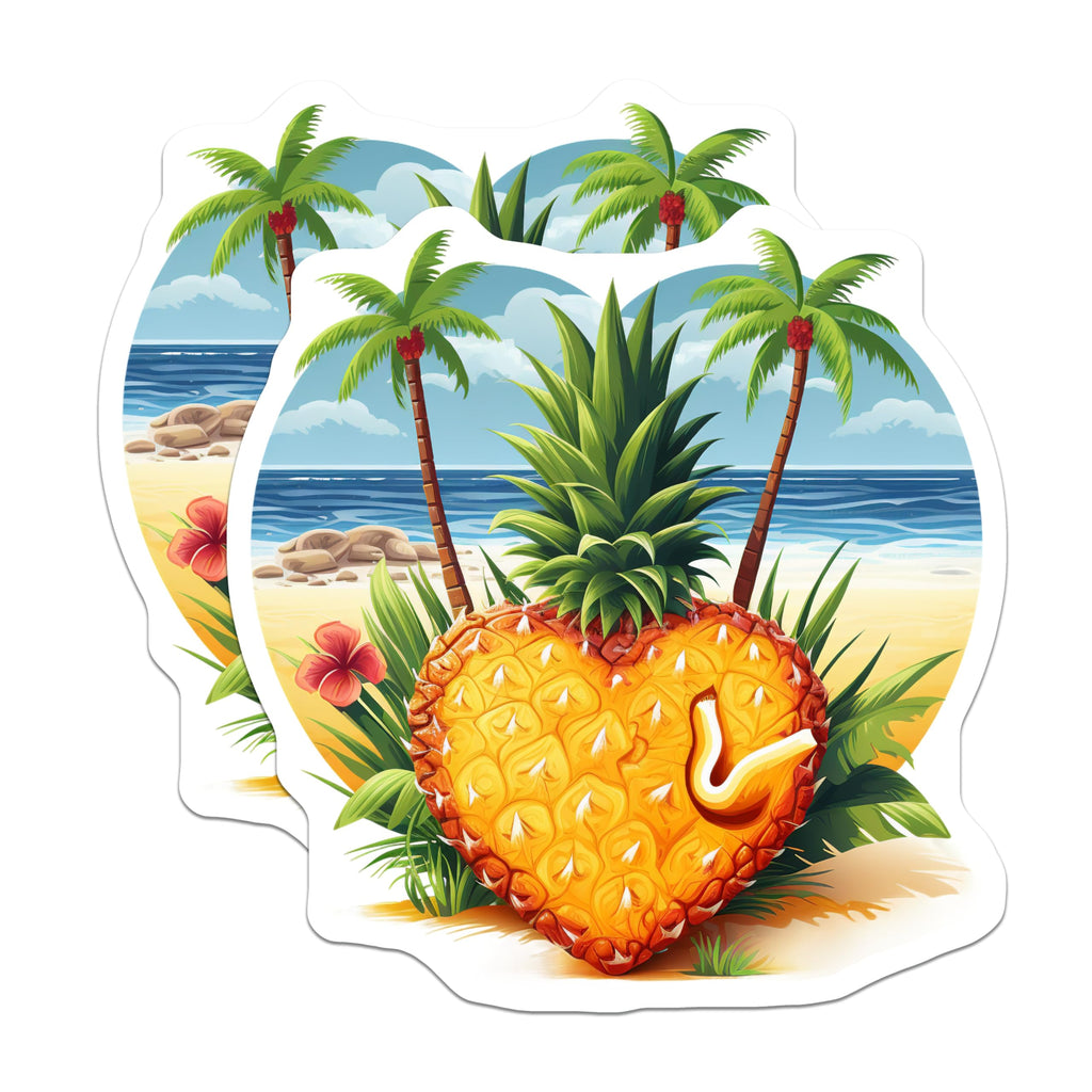 (2 Pack) Heart Pineapple Magnets - Tropical Beach Scene - Summer Fridge Decor - 5 Inches On Longest Side - Thick Durable Magnet - Made in USA - MAG19634