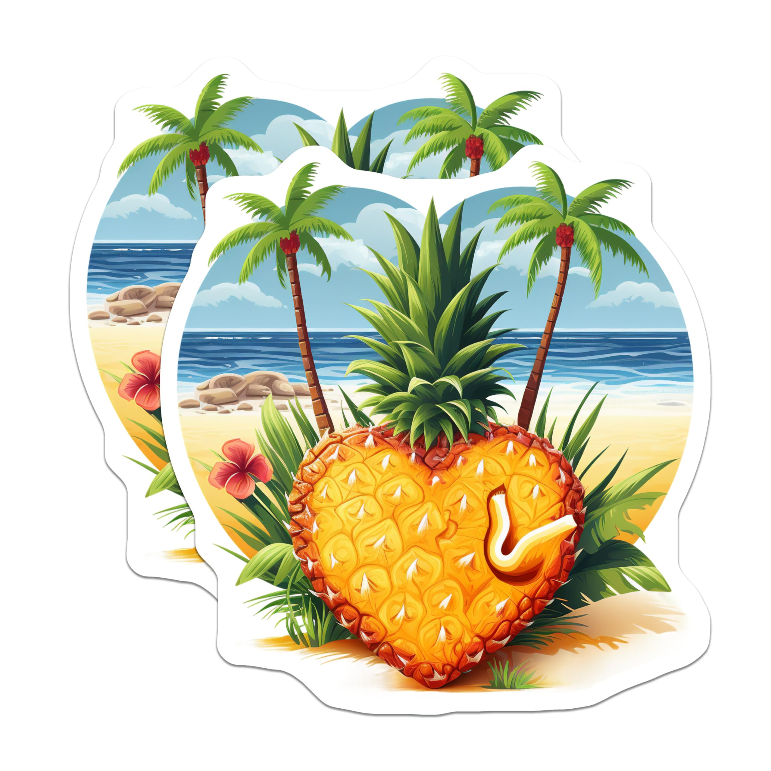 (2 Pack) Heart Pineapple Magnets - Tropical Beach Scene - Summer Fridge Decor - 5 Inches On Longest Side - Thick Durable Magnet - Made in USA - MAG19634