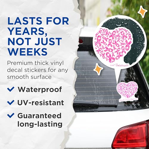 (2 Pack) Breast Cancer Awareness Stickers - Pink Ribbon Stickers - Heart Shape Stickers for Health Awareness - 5" On Longest Side - Sticks to Any Smooth Flat Surface - Made in USA - BMCS3369