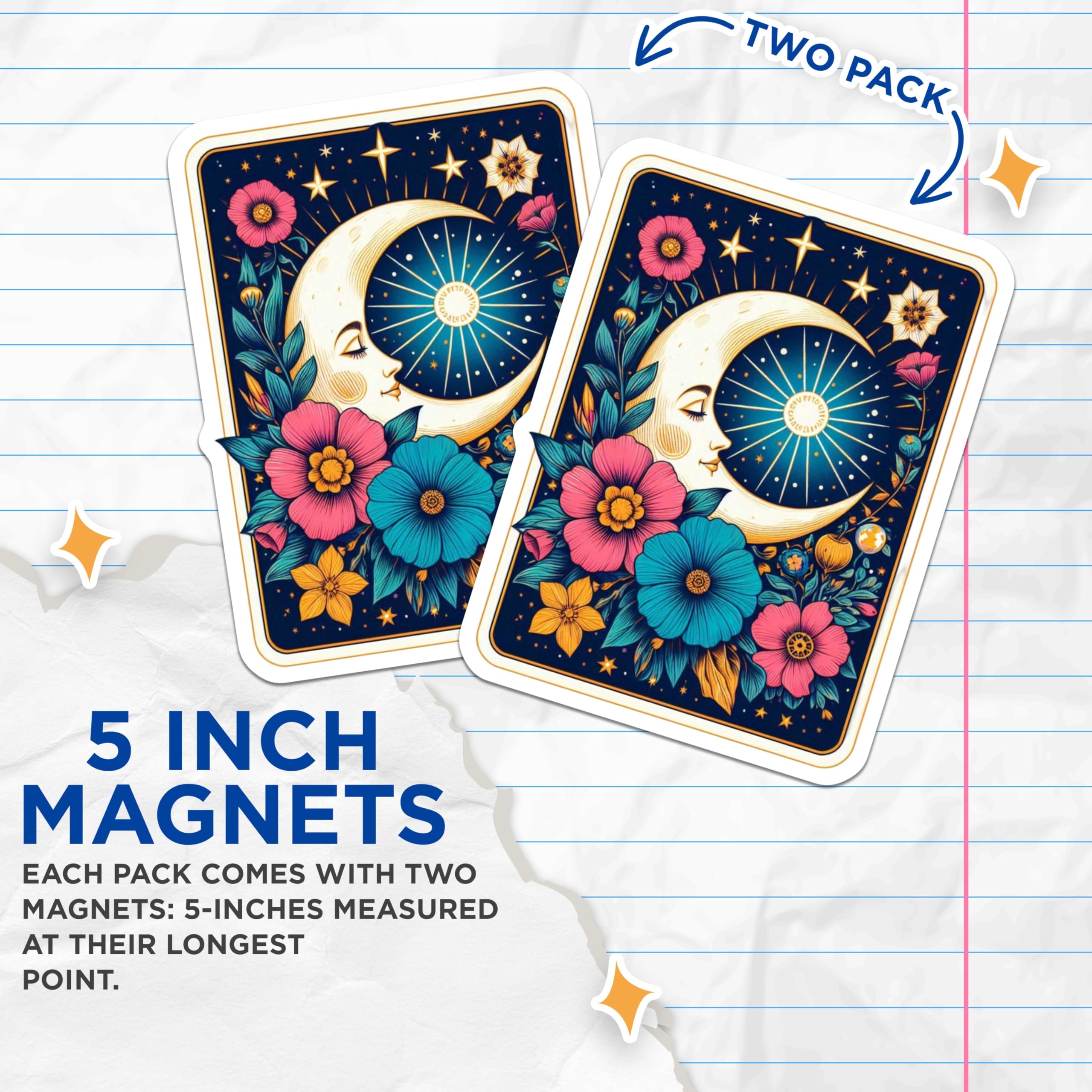 (2 Pack) Celestial Moon Magnets - Mystical Floral Art - Aesthetic Bohemian Decor - Starry Night Dreamscape - 5 Inches On Longest Side - Thick Durable Magnet - Made in USA - MAG20834