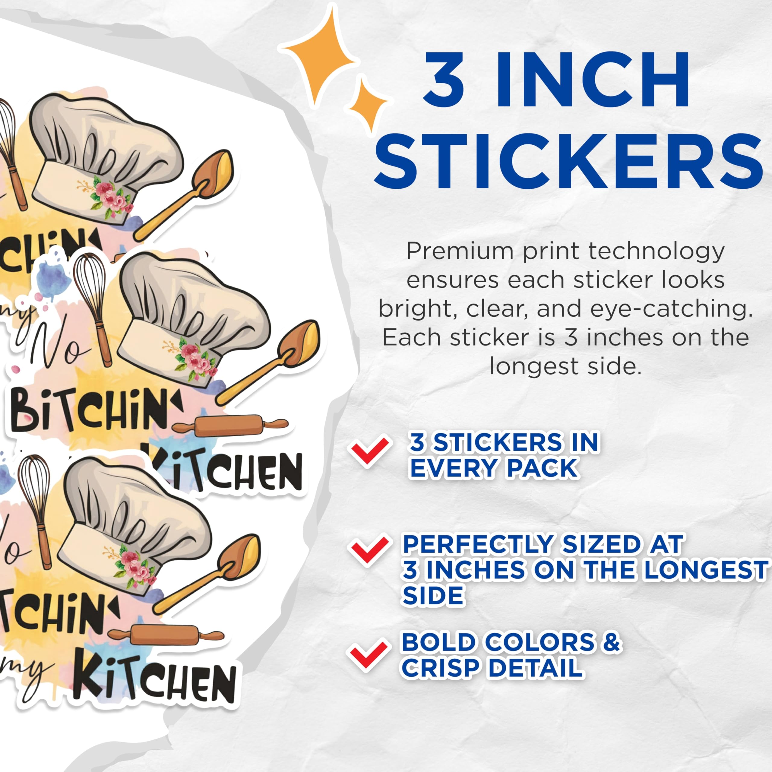 (3 Pack) No Bitchin Kitchen Decals - Funny Chef Stickers - Home Decor Decals - 3 Inches On Longest Side - Easy Peel & Apply - Made in USA - 3MCS1801