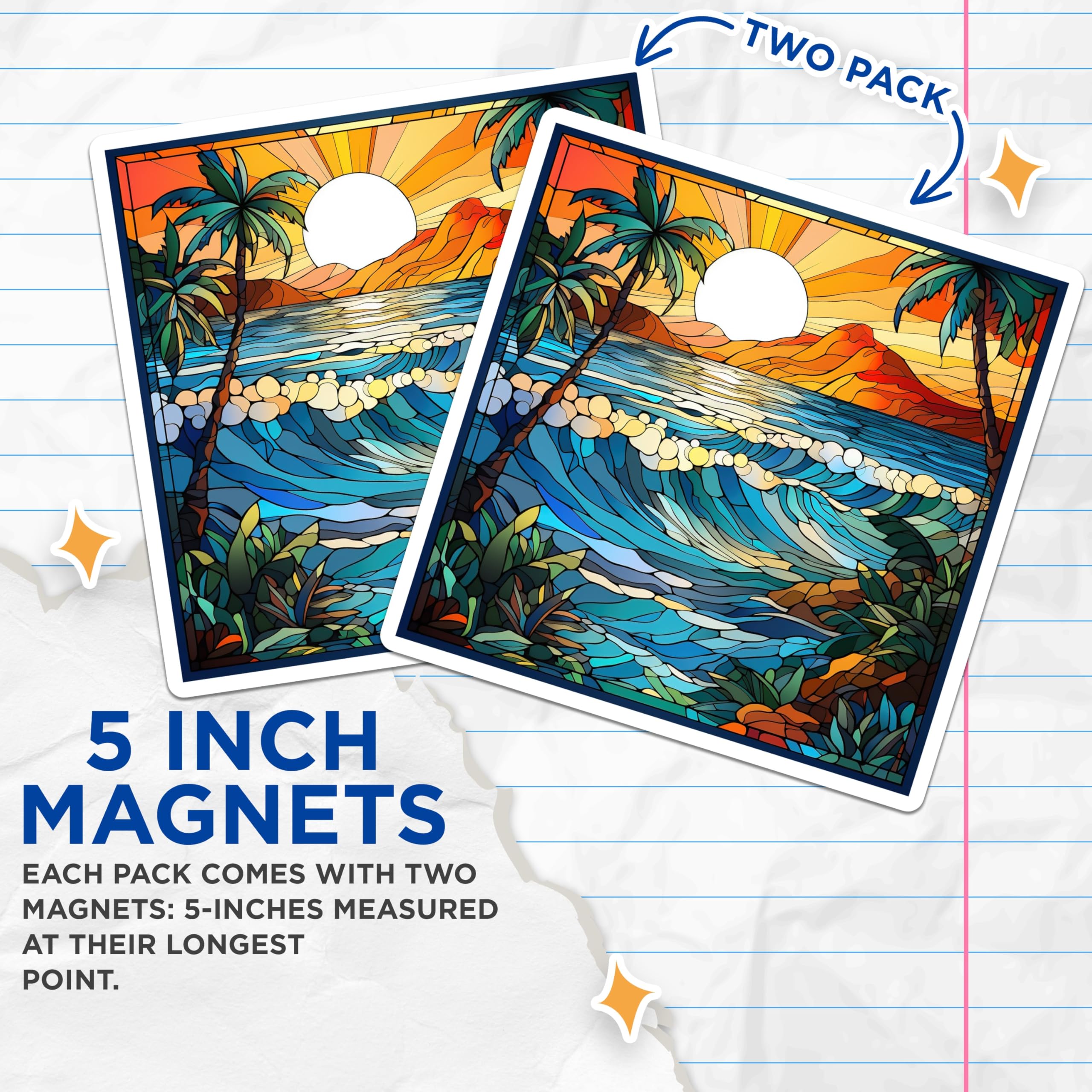 (2 Pack) Stained Glass Beach Magnets - Tropical Ocean Sunset Decor - Coastal Fridge Accessories - 5 Inches On Longest Side - Thick Durable Magnet - Made in USA - MAG29855
