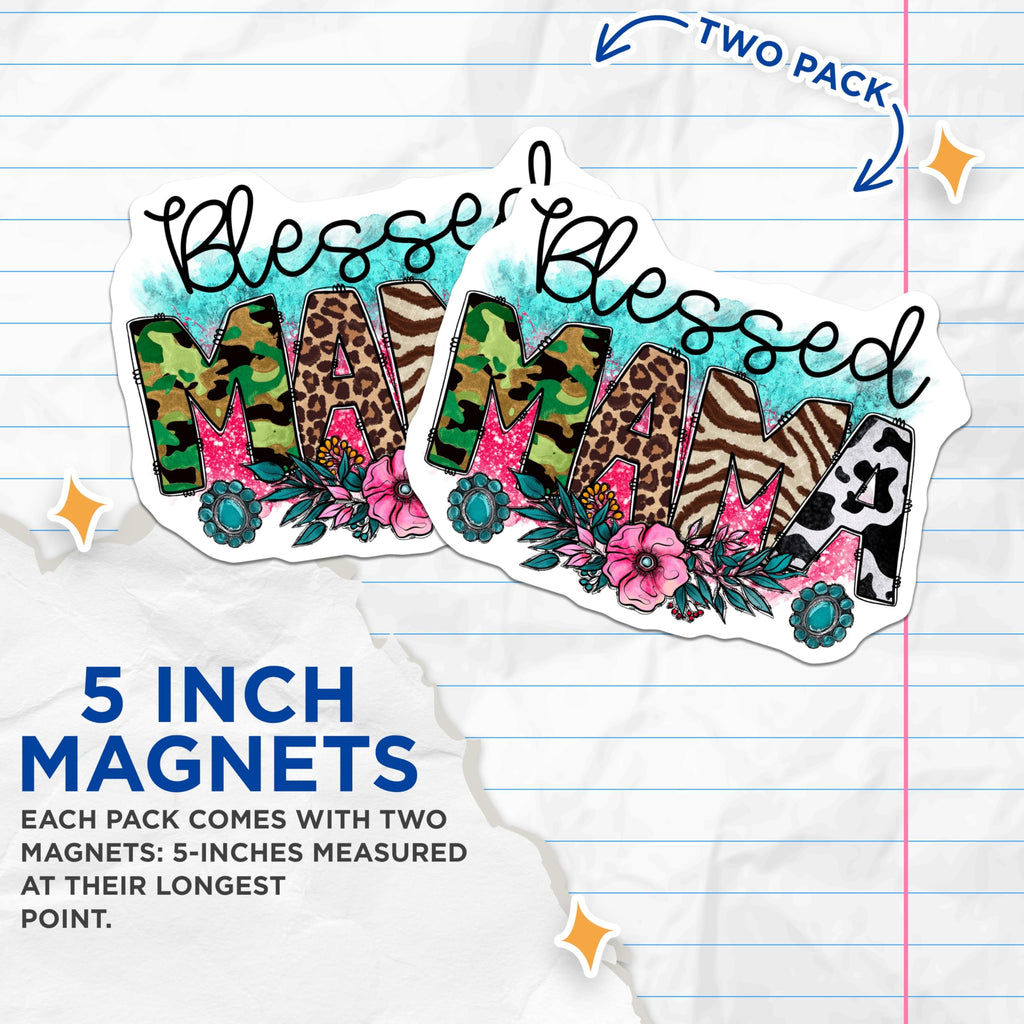 (2 Pack) Blessed Mama Magnets - Animal Print Mama Decor - Camo Leopard Cowhide Western Teal Pink Art - Boho Country Style - 5 Inches On Longest Side - Thick Durable Magnet - Made in USA - MAG23955