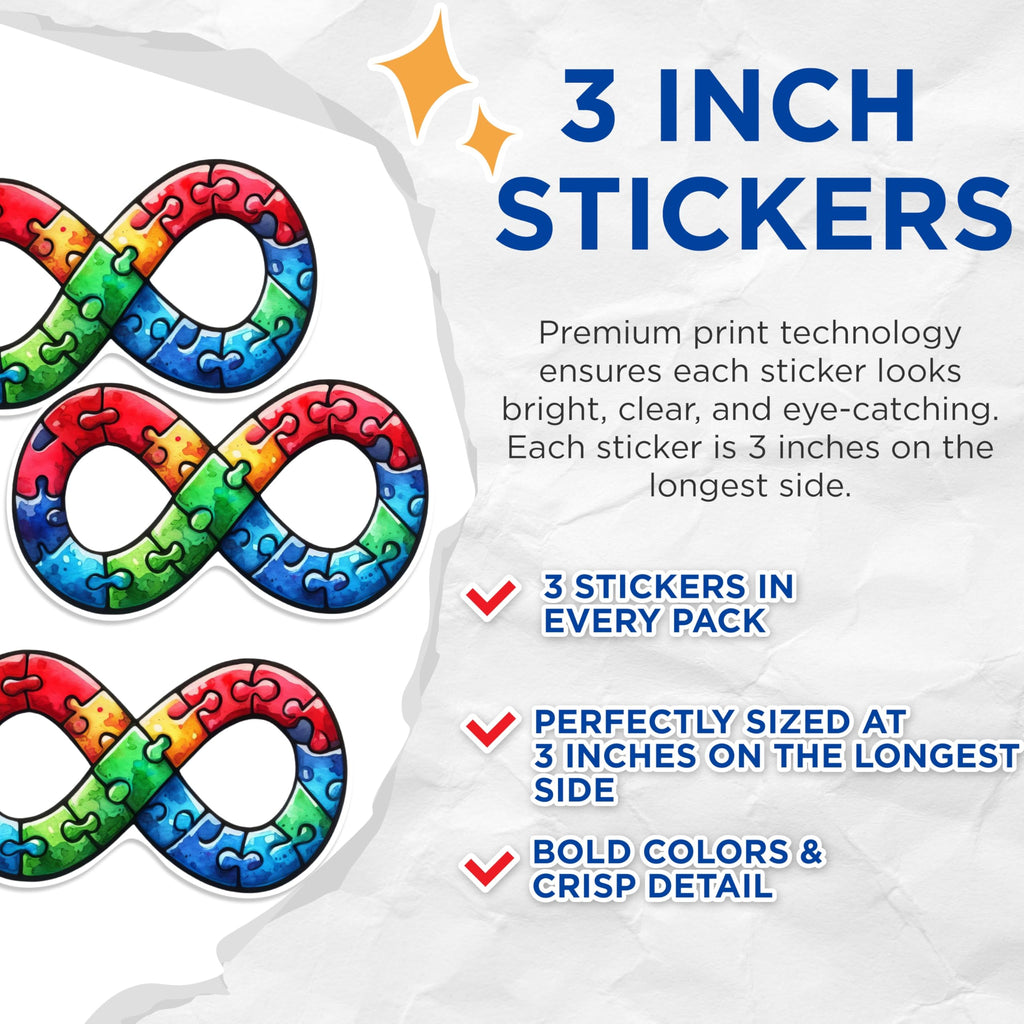 (3 Pack) Autism Awareness Decals - Infinity Symbol - Puzzle Pieces - 3 Inches On Longest Side - Easy Peel & Apply - Made in USA - 3MCS1007