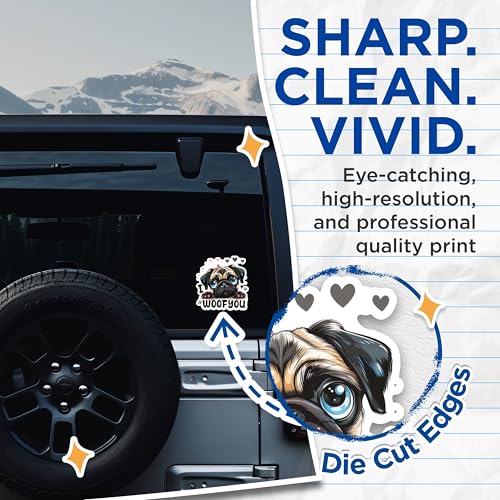 (2 Packs) I Woof You Pug Dog Breed Stickers - Cute Dog Mom Dog Dad Decals - 5 Inches On Longest Side - Premium Vinyl Decal - Sticks to Any Smooth Flat Surface - Made in USA - BMCS2344
