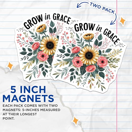 (2 Pack) Grow in Grace Magnets - Floral Sunflower Magnets - Inspirational Magnets for Fridge Office Locker - 5" On Longest Side - for Cars, Fridges, Toolboxes - Made in USA - MAG4079