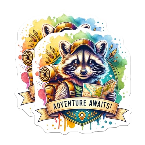 (2 Pack) Adventure Awaits Stickers - Cute Raccoon Traveling Stickers - Exploration and Travel Enthusiast Stickers - 5" On Longest Side - Sticks to Smooth Flat Surfaces - Made in USA - BMCS4534