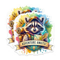 (2 Pack) Adventure Awaits Stickers - Cute Raccoon Traveling Stickers - Exploration and Travel Enthusiast Stickers - 5" On Longest Side - Sticks to Smooth Flat Surfaces - Made in USA - BMCS4534
