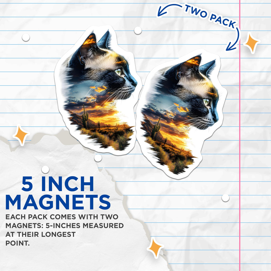 (2 Pack) Cat Sunset Magnets - Desert Sky Feline - Fridge Home Decor Magnets - 5" On Longest Side - Premium Magnet - for Cars, Refrigerators, Toolboxes, Lockers - Made in USA - MAG14467
