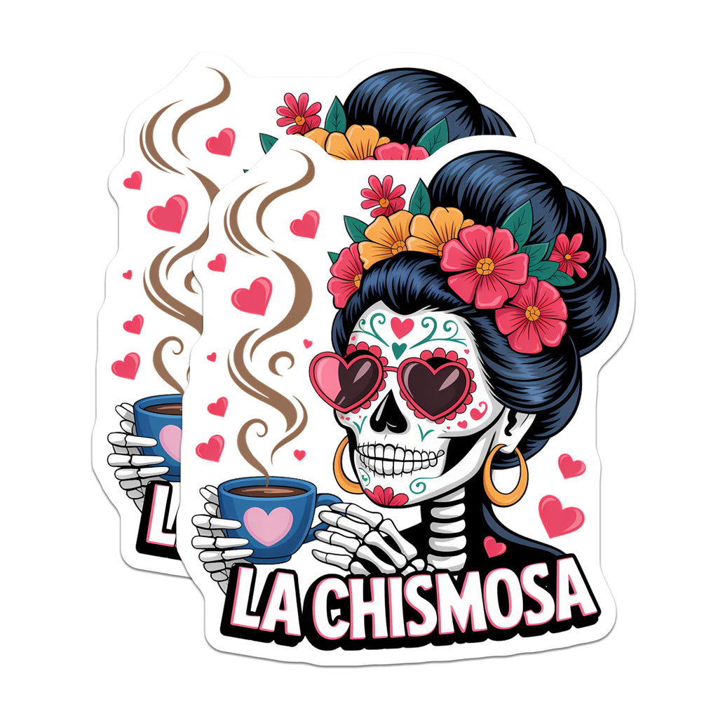 (2 Pack) La Chismosa Magnets - Sugar Skull Art - Calavera Coffee Lover Decor - Day of the Dead Vibes - Mexican Folk Art - 5 Inches On Longest Side - Thick Durable Magnet - Made in USA - MAG21831