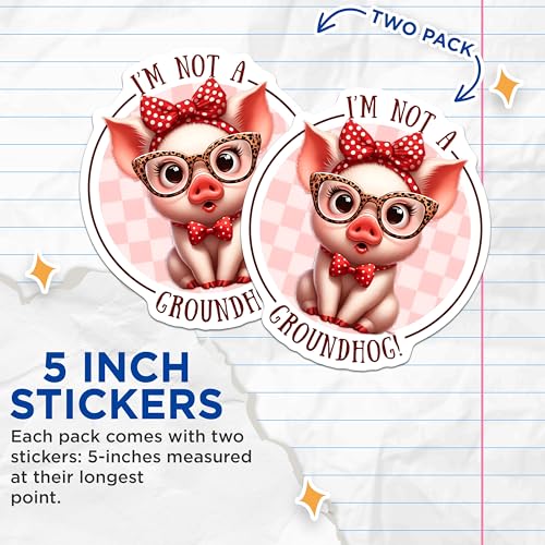 (2 Pack) I'm Not A Groundhog Stickers - Cute Pig - Funny Animal Art - 5" On Longest Side - Sticks to Smooth Flat Surfaces - Made in USA - BMCS7945