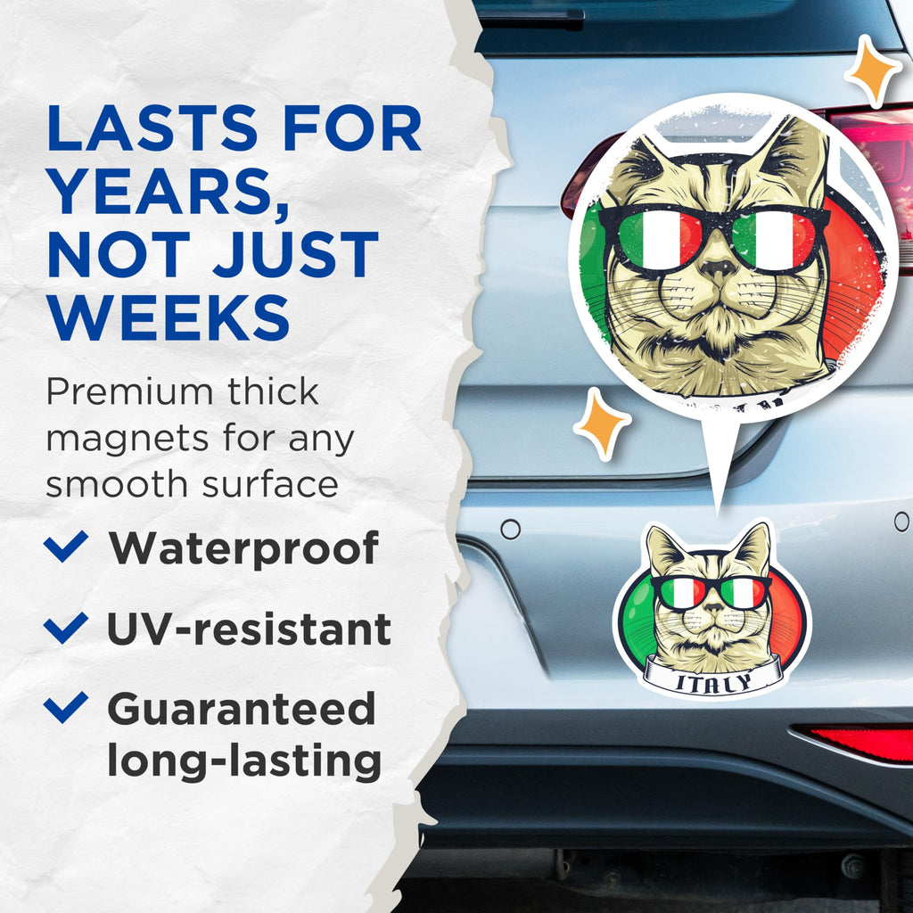 (2 Pack) Italy Cat Magnets - Italian Flag Sunglasses - Funny Cat Lover Home Decor - 5" On Longest Side - Premium Magnet - for Cars, Refrigerators, Toolboxes, Lockers - Made in USA - MAG17888