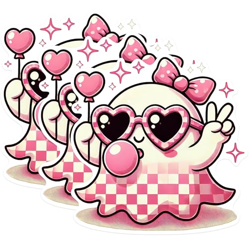 (3 Pack) Kawaii Ghost Decals - Cute Ghost with Heart Glasses - Pink Checkered Ghost Laptop Decal - 3 Inches On Longest Side - Easy Peel & Apply - Made in USA - 3MCS0936
