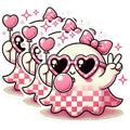 (3 Pack) Kawaii Ghost Decals - Cute Ghost with Heart Glasses - Pink Checkered Ghost Laptop Decal - 3 Inches On Longest Side - Easy Peel & Apply - Made in USA - 3MCS0936