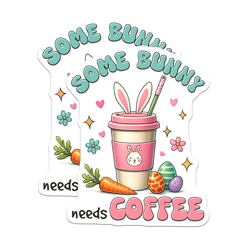 (2 Pack) Bunny Coffee Stickers - Cute Animal - Coffee Lover - Kawaii Bunny - 5" On Longest Side - Sticks to Smooth Flat Surfaces - Made in USA - BMCS7532