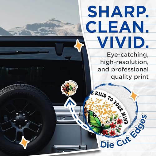 (2 Pack) Be Kind to Your Mind Stickers - Inspirational Sunflower Butterfly Stickers - Positive Mental Health Stickers - 5" On Longest Side - Sticks to Any Smooth Flat Surface - Made in USA - BMCS3228