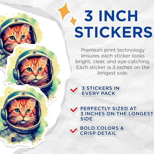 (3 Pack) Astronaut Cat Decals - Space Kitty - Laptop Decal - 3 Inches On Longest Side - Easy Peel & Apply - Made in USA - 3MCS2386
