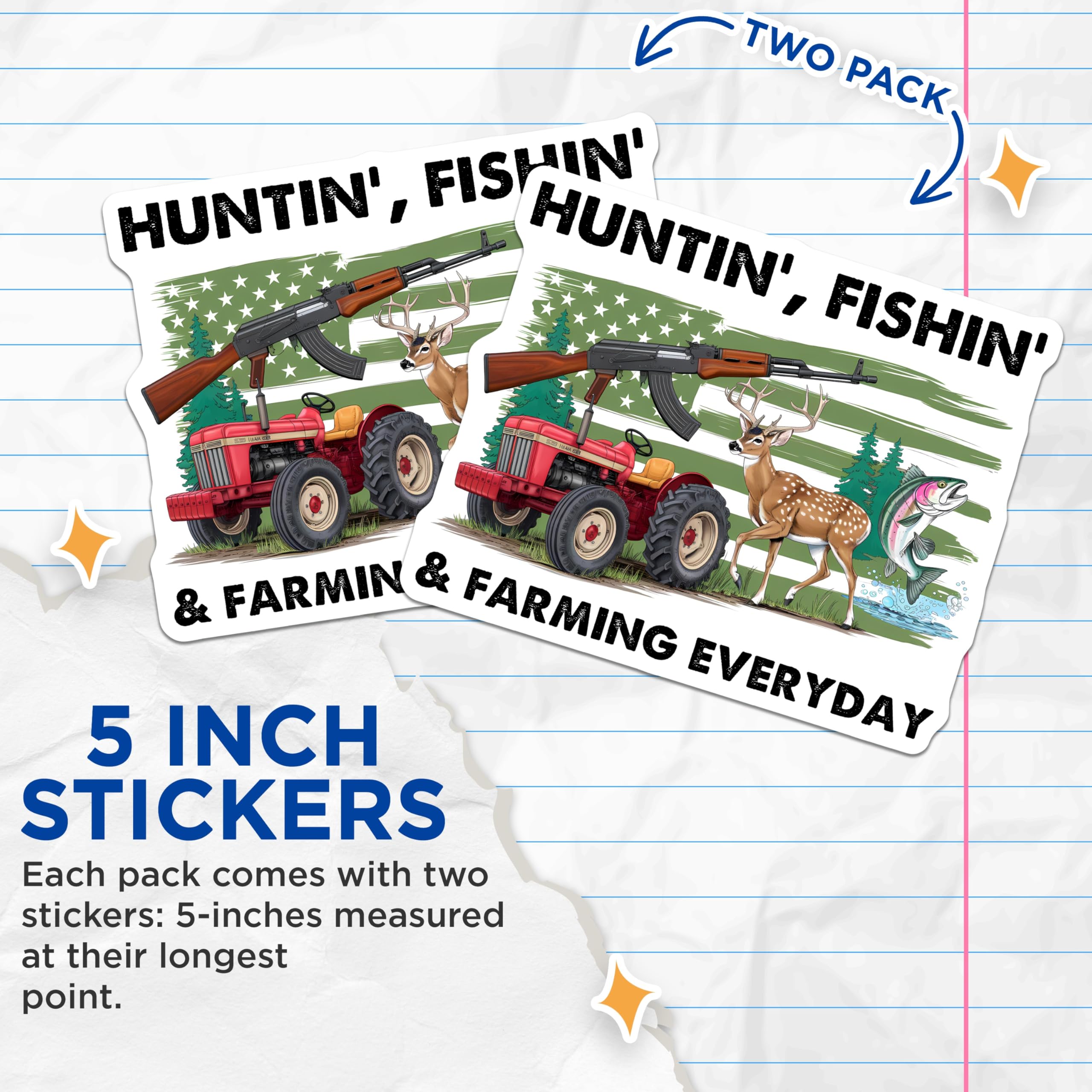 (2 Pack) Hunt Fish Farm Stickers - Outdoor Decals - Everyday Farming Hunting Fishing - 5" On Longest Side - Sticks to Smooth Flat Surfaces - Made in USA - BMCS15230