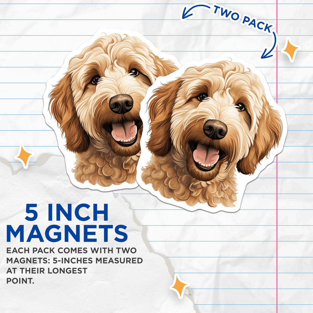 (2 Pack) Goldendoodle Magnets - Happy Dog Face - Pet Lover Kitchen Decor - Dog Mom Aesthetic - 5 Inches On Longest Side - Thick Durable Magnet - Made in USA - MAG25233