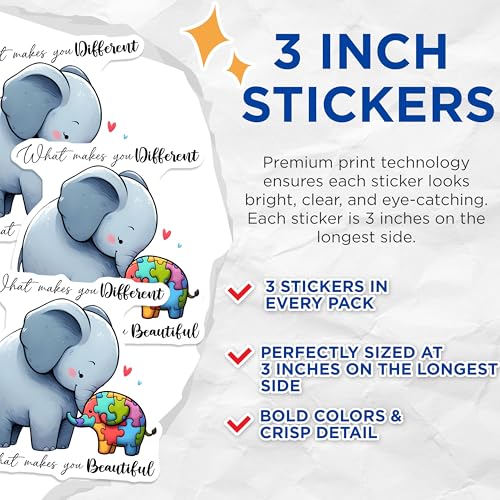 (3 Pack) Elephant Autism Decals - Puzzle Piece Elephant - What Makes You Beautiful Decals - 3 Inches On Longest Side - Easy Peel & Apply - Made in USA - 3MCS1991