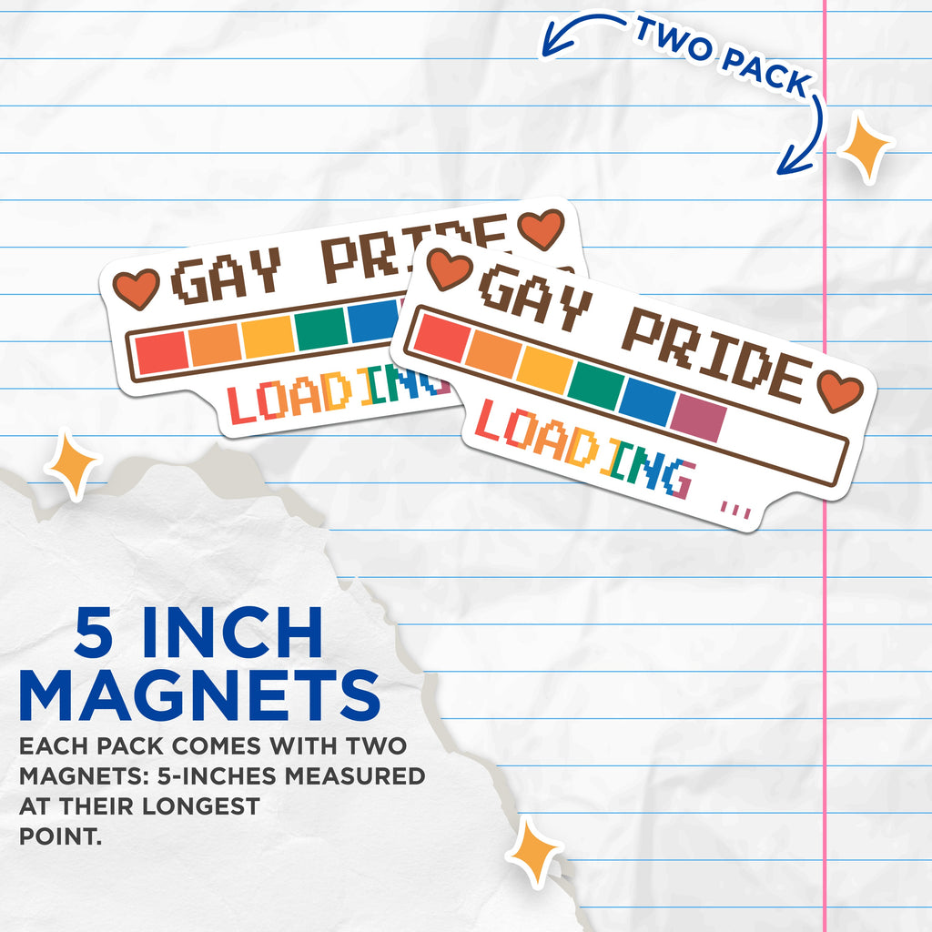 (2 Pack) Gay Pride Loading Magnets - LGBTQ Rainbow Progress Bar - Pixel Art Gamer Ally Decor - 5 Inches On Longest Side - Thick Durable Magnet - Made in USA - MAG39193