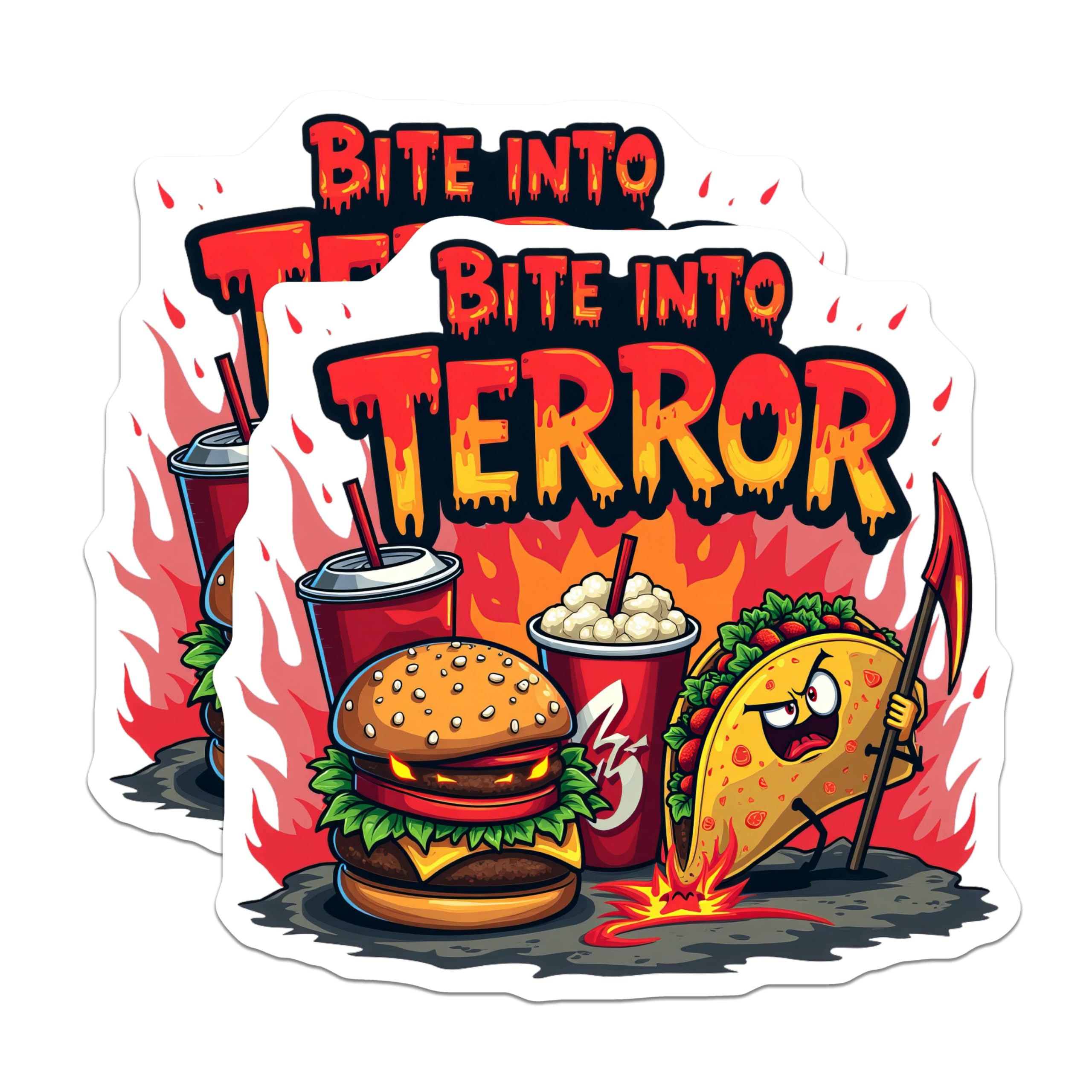 (2 Pack) Bite Into Terror Stickers - Food Horror Stickers - Spooky Fast Food Stickers - 5" On Longest Side - Sticks to Smooth Flat Surfaces - Made in USA - BMCS4781