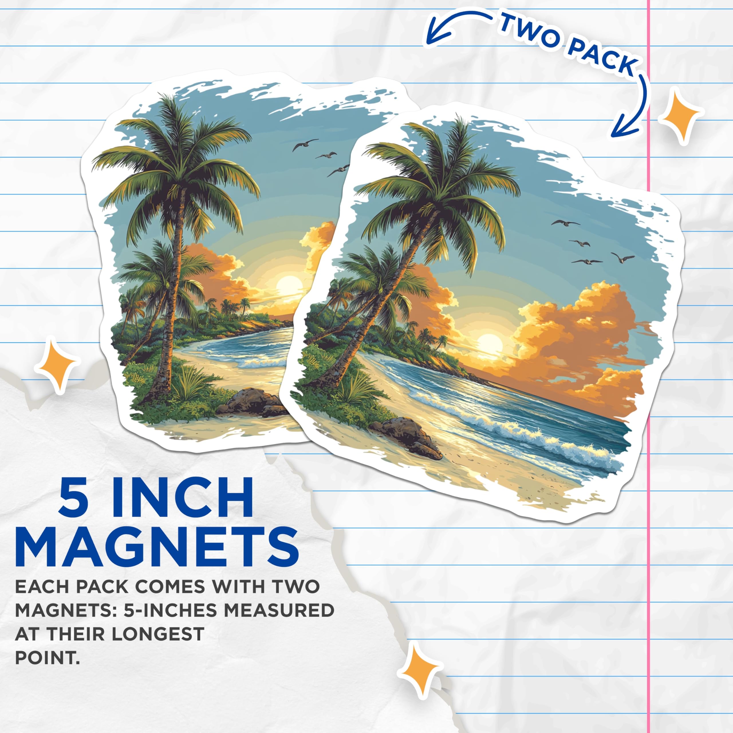 (2 Pack) Tropical Beach Sunset Magnets - Palm Tree Ocean Scene - Coastal Decor Refrigerator Art - 5 Inches On Longest Side - Thick Durable Magnet - Made in USA - MAG28642