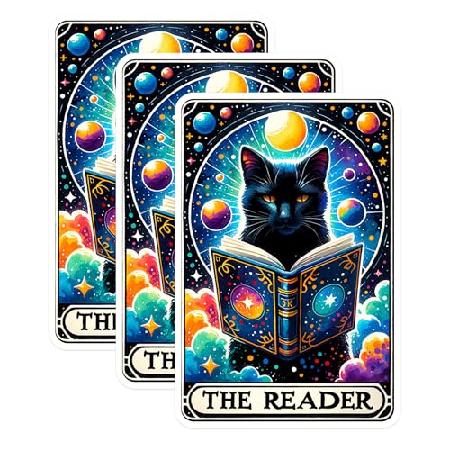 (3 Pack) Black Cat Decals - Tarot Card Stickers - 'The Reader' Laptop Decal - 3 Inches On Longest Side - Easy Peel & Apply - Made in USA - 3MCS1407