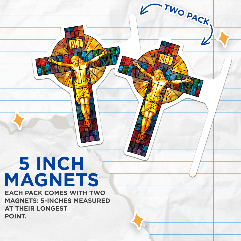 (2 Pack) Stained Glass Jesus Magnets - Celtic Cross Christian Art - Religious Decor Kitchen Refrigerator Devotional - 5 Inches On Longest Side - Thick Durable Magnet - Made in USA - MAG36857