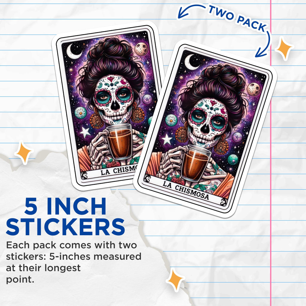 (2 Pack) La Chismosa Stickers - Day of The Dead Stickers - Sugar Skull Art Stickers - 5" On Longest Side - Sticks to Smooth Flat Surfaces - Made in USA - BMCS5133
