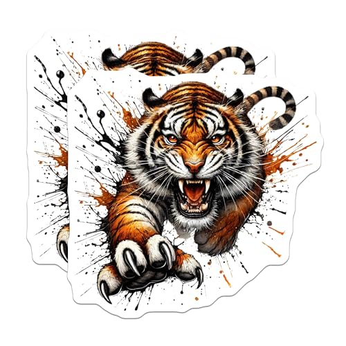 (2 Pack) Tiger Stickers - Animal Art Stickers - Wildlife Decal - Fierce Tiger Art - 5" On Longest Side - Sticks to Smooth Flat Surfaces - Made in USA - BMCS6262