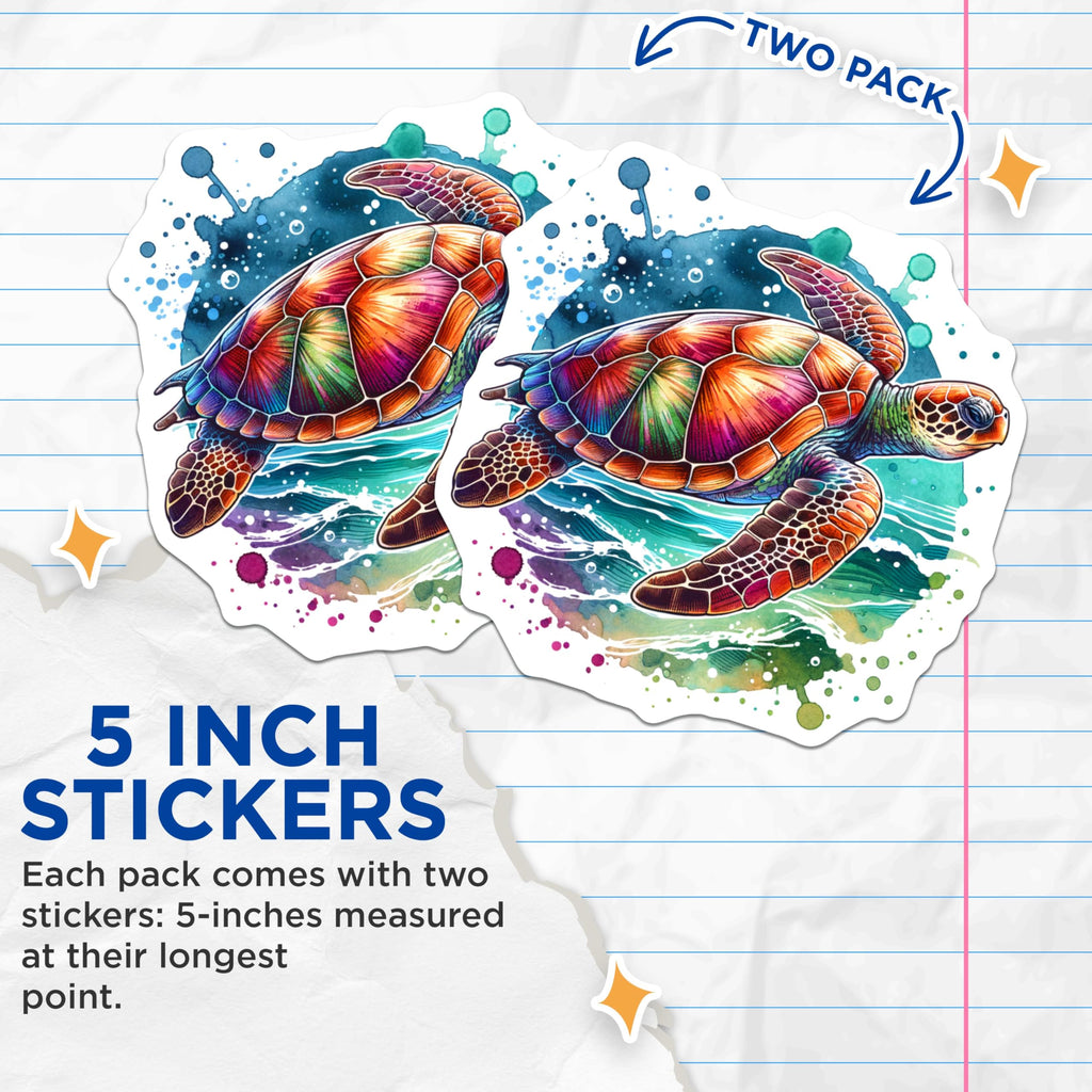 (2 Pack) Colorful Sea Turtle Stickers - Ocean Animal Art - Vibrant Marine Life - 5" On Longest Side - Sticks to Smooth Flat Surfaces - Made in USA - BMCS9208