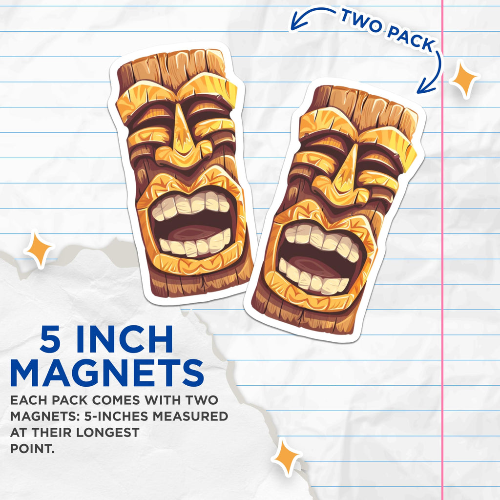 (2 Pack) Tiki Magnets - Traditional Polynesian Tribal Mask Art - Hawaiian Island Refrigerator Decor - 5 Inches On Longest Side - Thick Durable Magnet - Made in USA - MAG21213