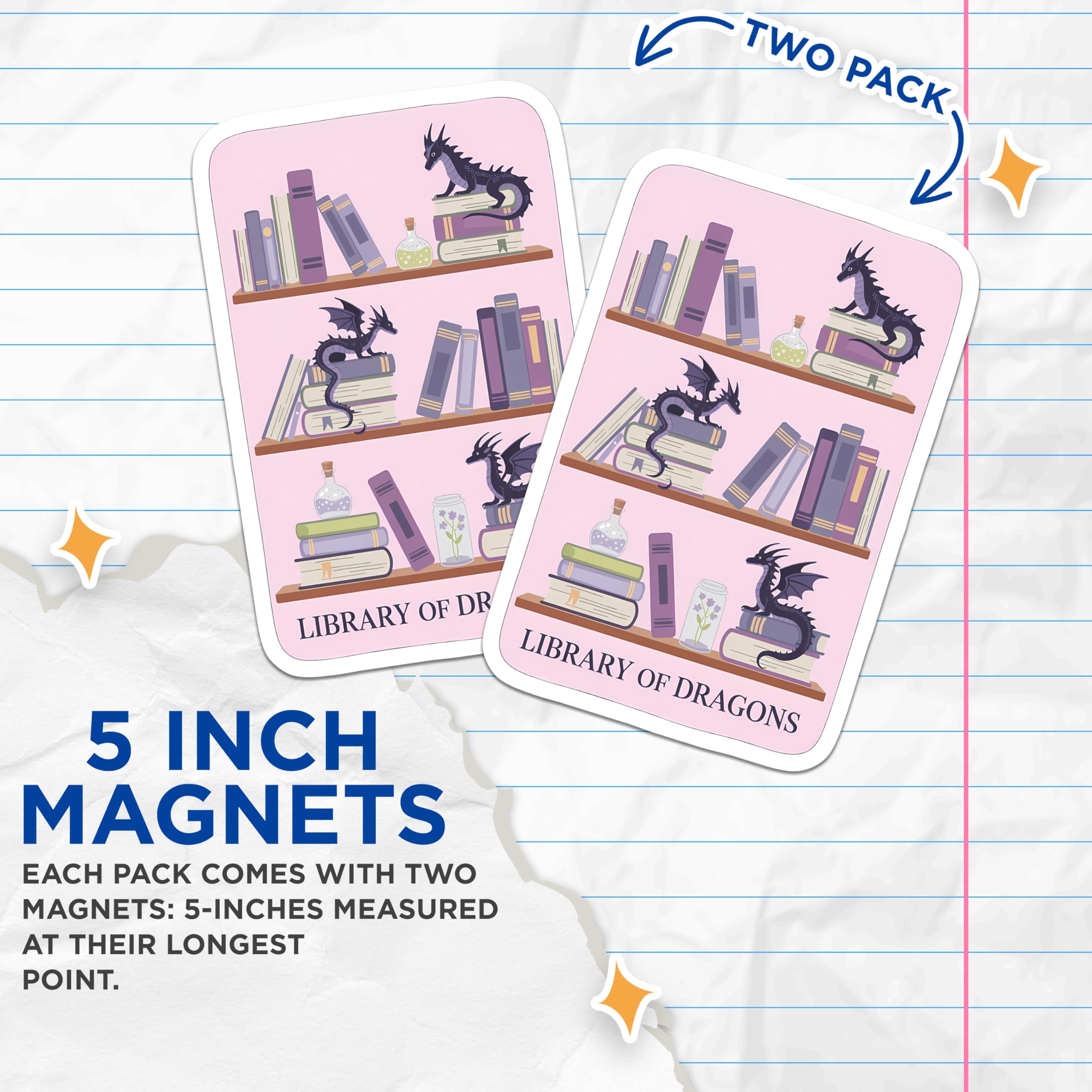 (2 Pack) Library of Dragons Magnets - Whimsical Fantasy Reader Decor - Academic Bookworm Art - Magical Creature Home Accent - 5 Inches On Longest Side - Thick Durable Magnet - Made in USA - MAG22617